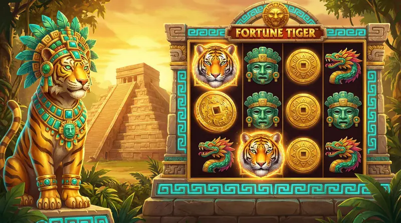 Fortune Tiger con tigre dorado rugiendo entre símbolos de la fortuna y monedas de oro